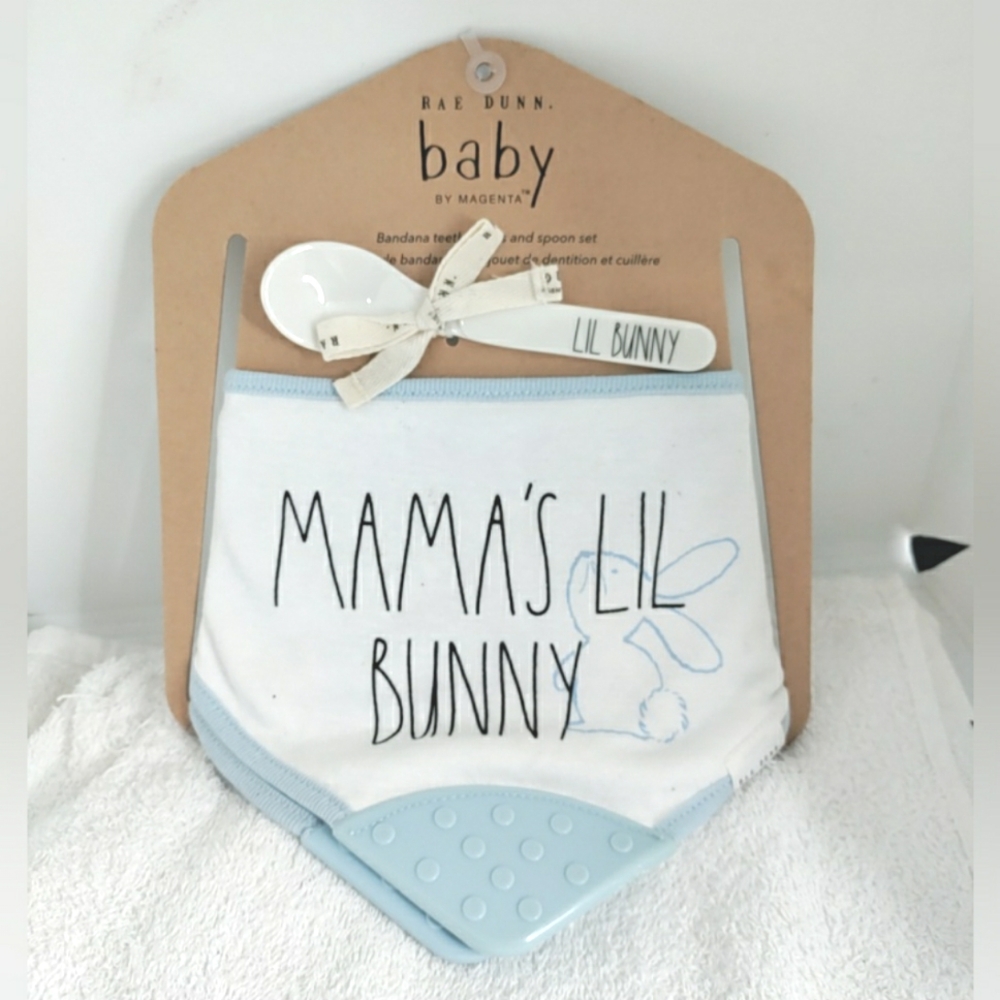 Rae Dunn 2-Baby Bibs And Spoon set Cotton Bandana Style  NEW